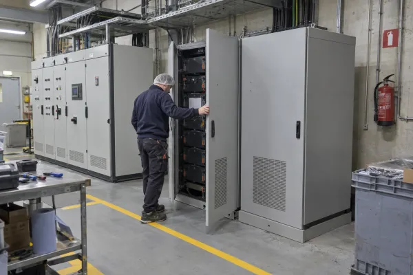 Technicus opent een batterijkast tussen de schakelkasten in een productiehal