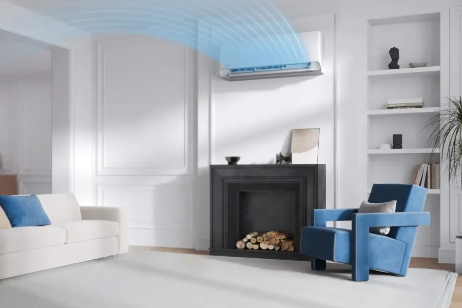 Wandmodel airconditioning in een woonkamer