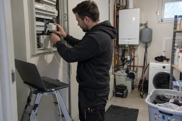 Technicus stelt met een laptop een energiebeheersysteem in de zekeringkast in