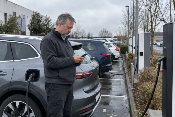 Man volgt op een bedrijfsparking het laden van zijn wagen op met zijn smartphone