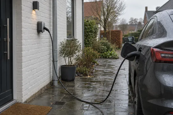 Wagen laadt op aan een laadpaal op een witte gevel