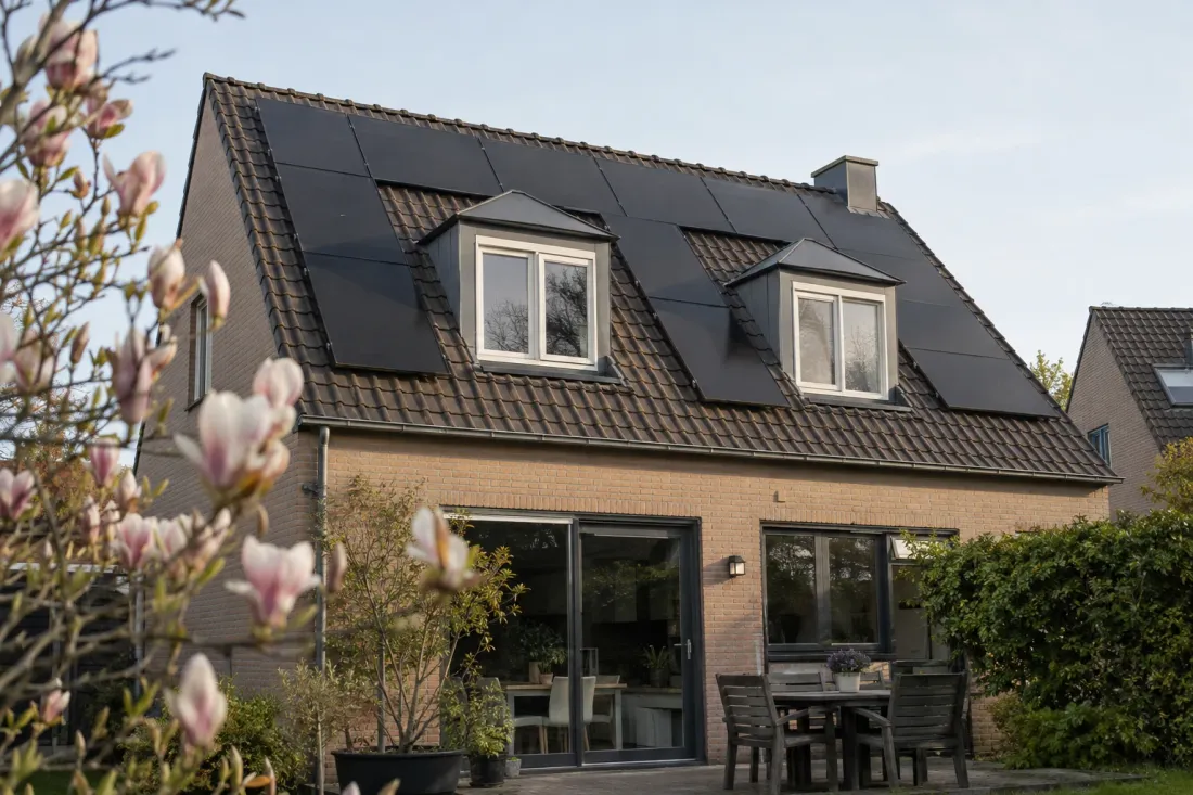 Achtergevel van een woning met zwarte zonnepanelen en dakkapellen, met een bloeiende magnolia in de tuin