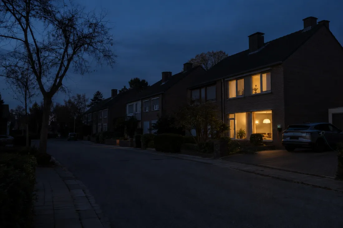 Straat tijdens een stroompanne, waar één woning nog verlicht is