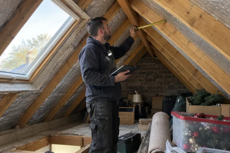 Installateur meet op zolder de afstand tussen de dakspanten op en noteert die op een tablet