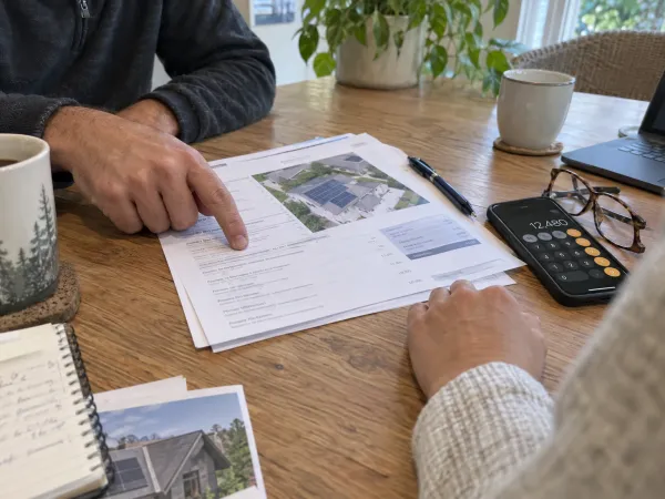 Offerte voor zonnepanelen met een dakplan op de keukentafel, naast een rekenmachine