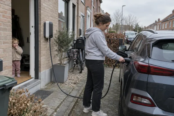 Vrouw steekt de laadkabel in haar wagen voor haar rijwoning, terwijl haar dochtertje toekijkt