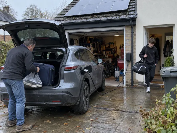 Man laadt een valies in de koffer terwijl de wagen nog aan de laadpaal hangt