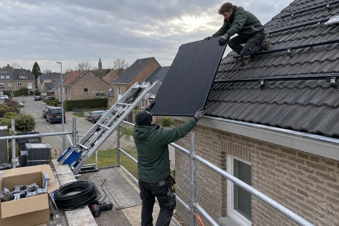 Monteur op het dak neemt een zonnepaneel aan van zijn collega op de steiger