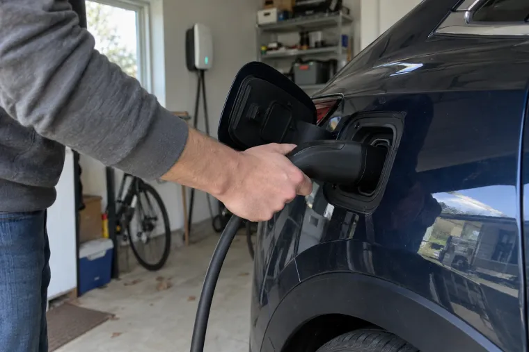 Hand steekt de laadstekker in een elektrische wagen in de garage