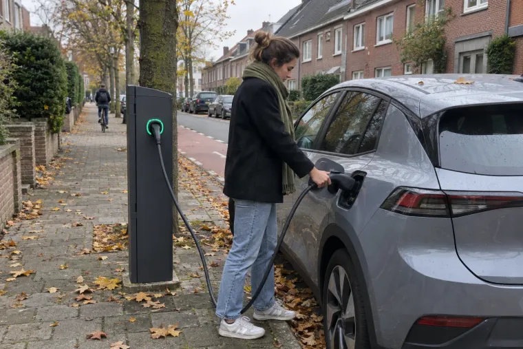 Vrouw laadt haar wagen op aan een publieke laadpaal in de straat
