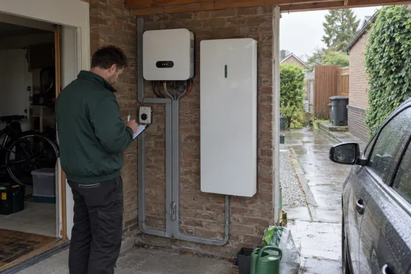Technicus controleert de omvormer en de thuisbatterij aan de muur van een carport