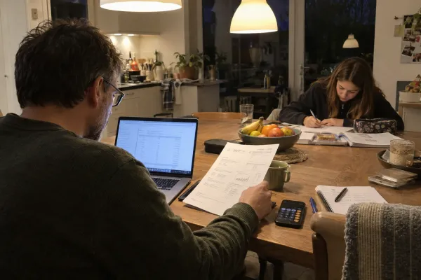 Man rekent 's avonds aan de keukentafel met zijn laptop en de energiefactuur