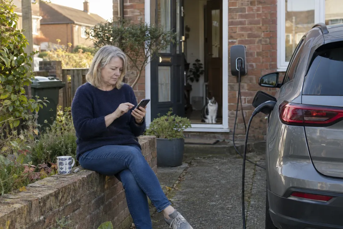 Vrouw past op haar smartphone een laadinstelling aan, naast haar ladende wagen