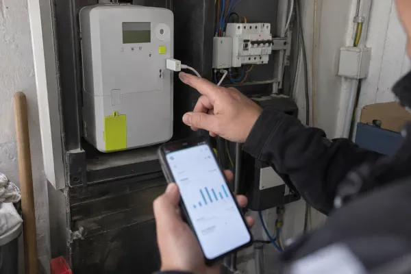 Technicus toont de energie-app naast de digitale meter met een dongle in de gebruikerspoort